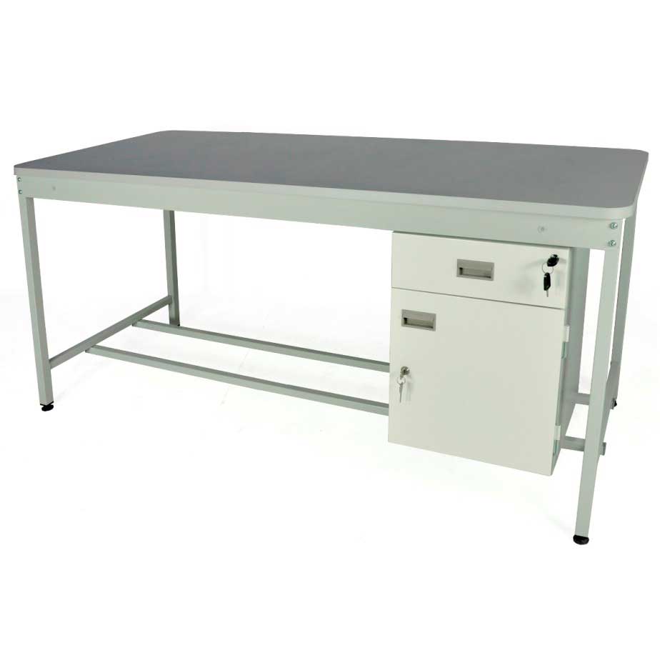 760mm high open mailroom bench with 18mm MFC worktop, cupboard and drawer
