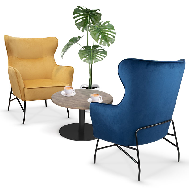 Alpha mustard and blue velvet lounge chairs