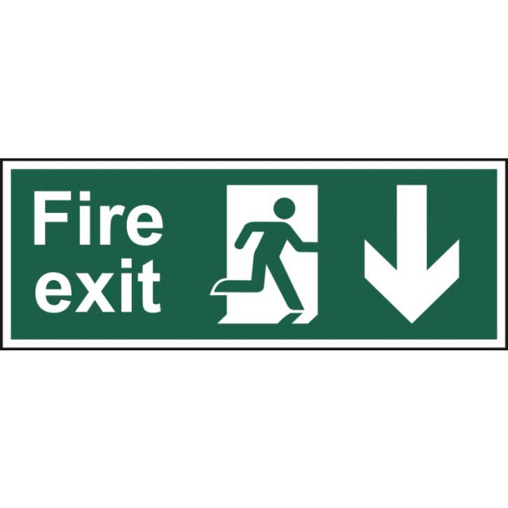 Green and White Fire Exit Sign with Arrow Pointing Down