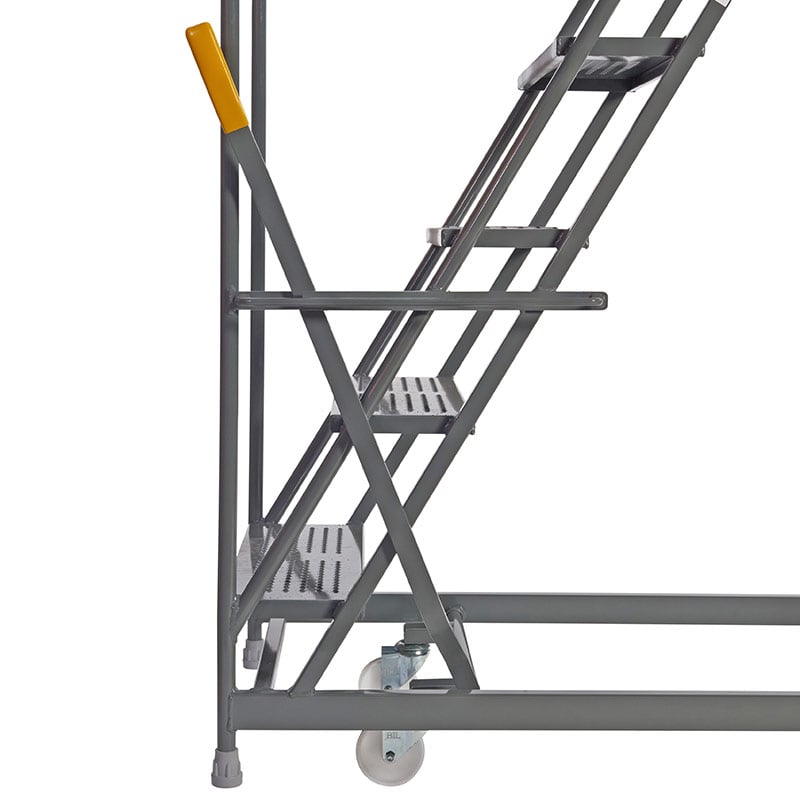 Hand-operated wheel lock on Climb-it warehouse safety steps