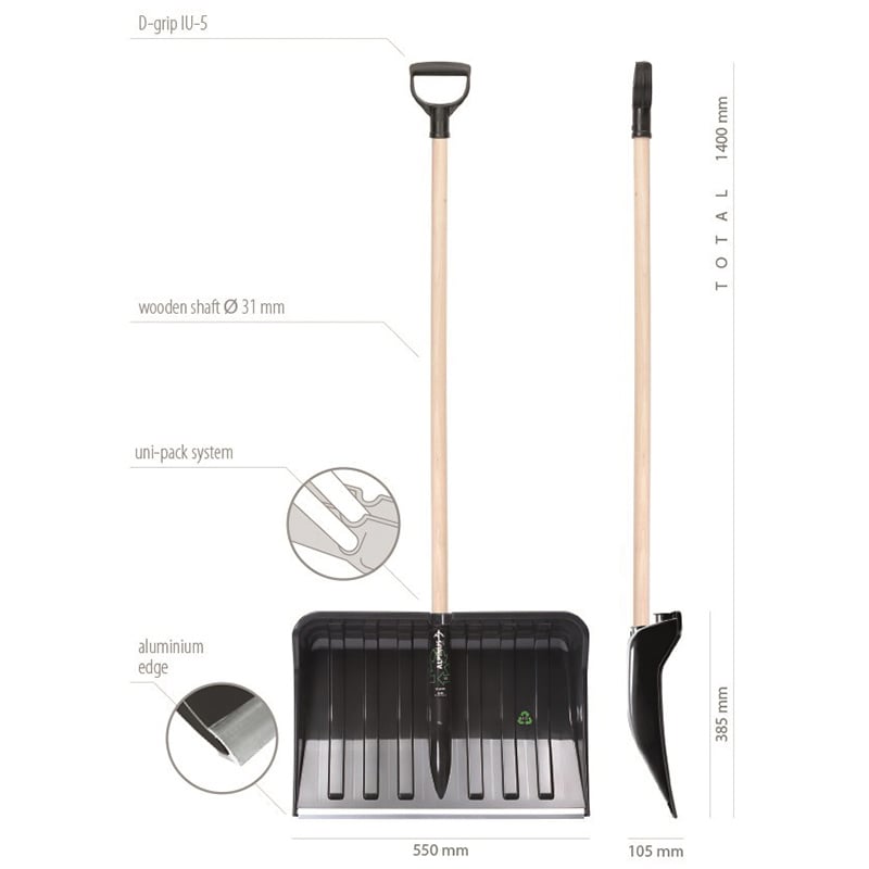 Eco snow pusher shovel with wooden shaft - dimensions