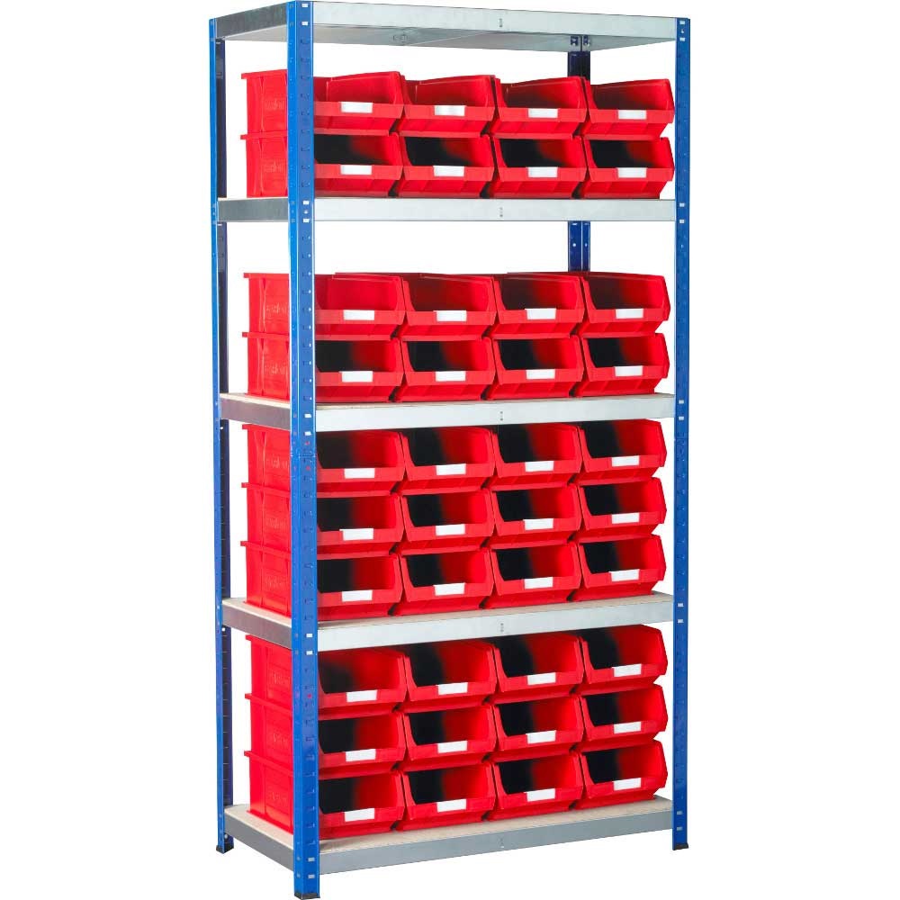 Ecorax Topbox shelving unit with 5 chipboard shelves & 40 red plastic small parts storage containers