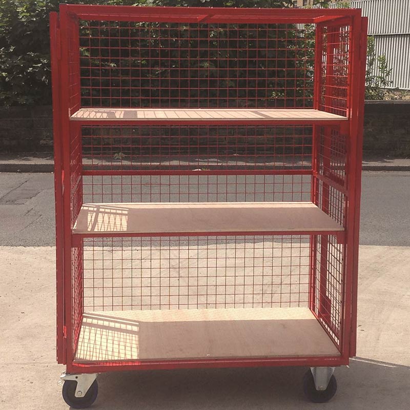 Mobile mesh storage cage with two plywood shelfs and fixed plywood base