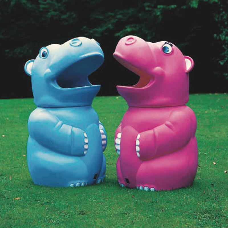 Blue and pink hippo outdoor waste bins