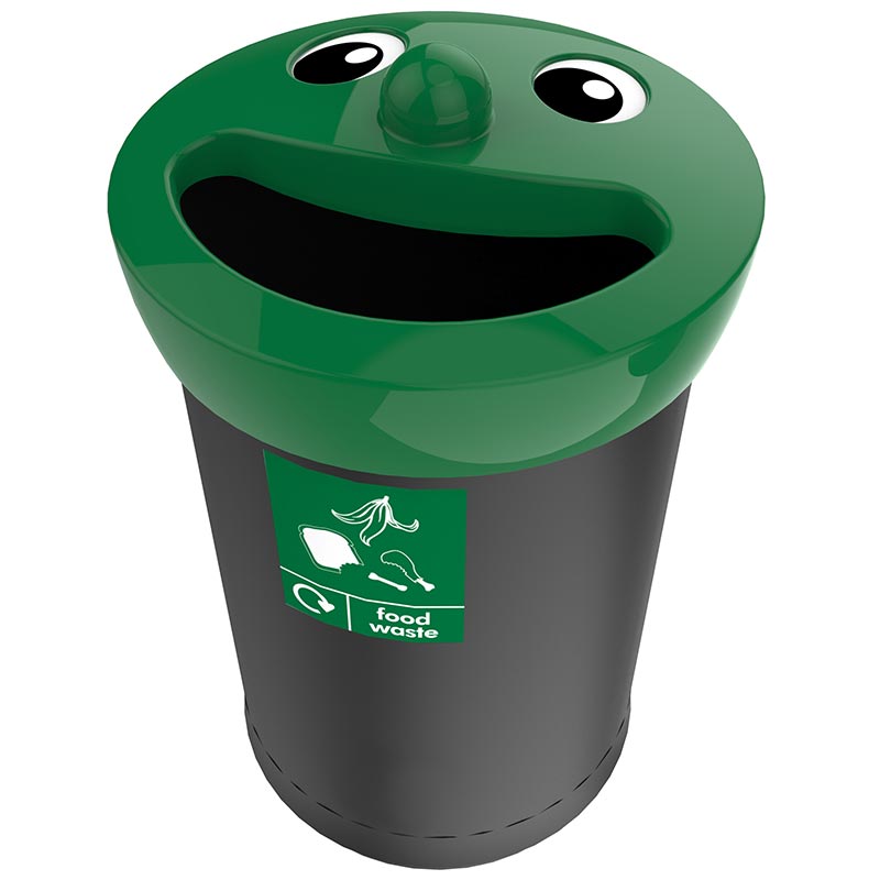 Smiley face bin with green lid and food waste label