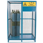 Painted blue, secure steel mesh cylinder storage cage with pallet base