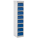 Post box locker with eight compartments with dark blue doors and 15mm slots
