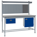 Square tube workbench with back panel and storage cupboards