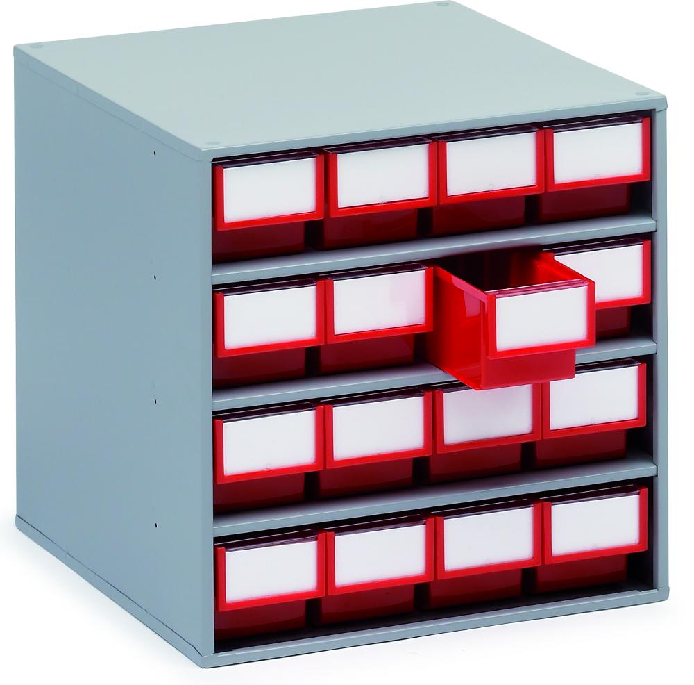 Small Parts Bin Cabinet - 395 x 400 x 400mm with 16 Red Bins - 82 x 92 x 400mm