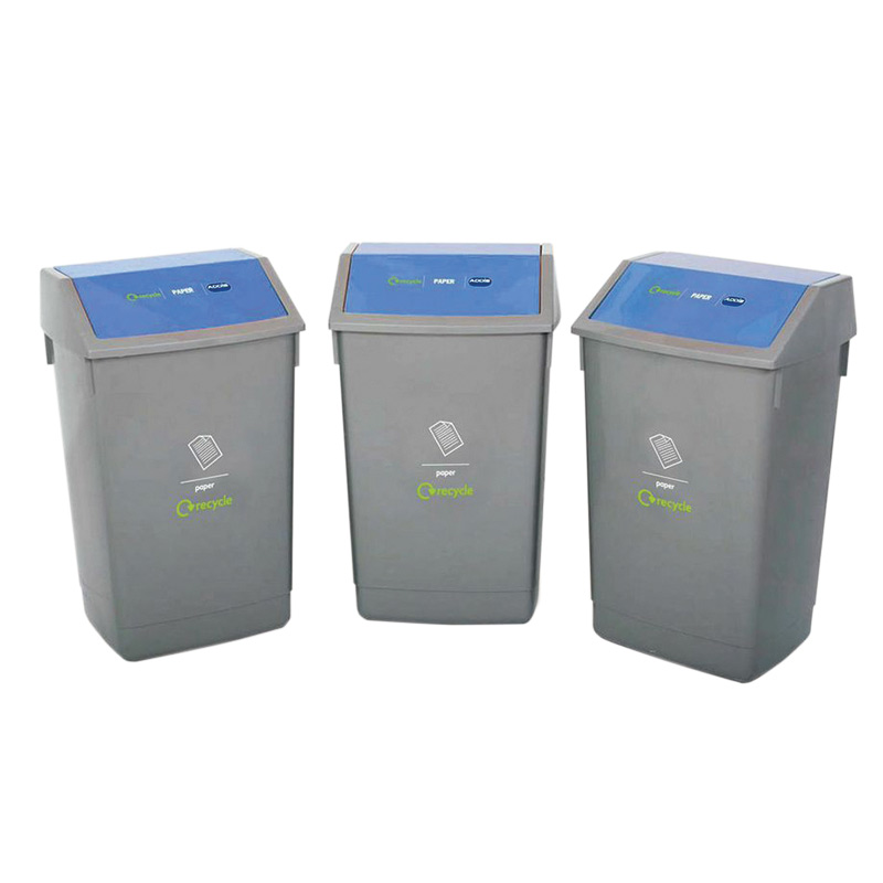 Kit of 3 x 54L Paper Recycling Bins with Blue Flip-Top Lids