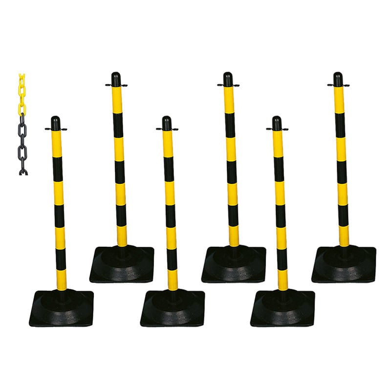 Barrier Kits -  6 Posts, 8mm Chain, Rubber base, Yellow & Black
