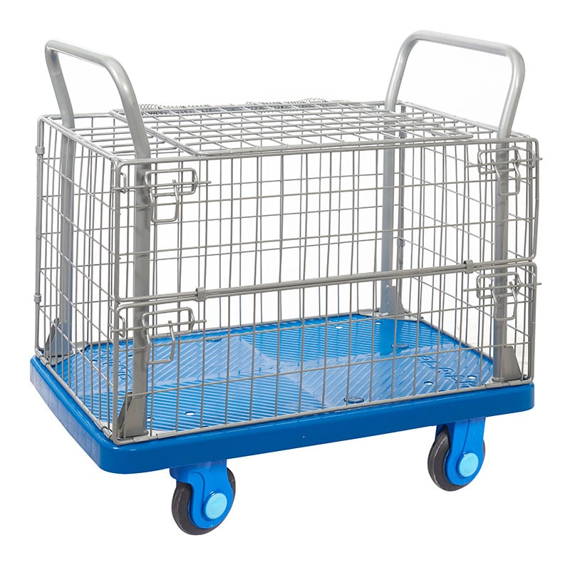 Mesh platform truck with hinged lid top and half height drop side 