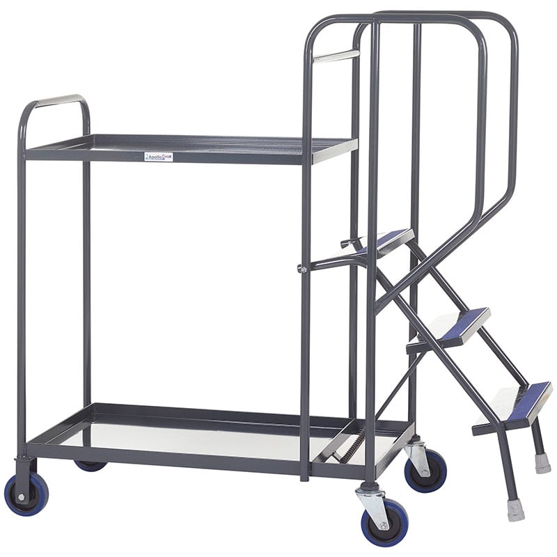 Apollo Picking Trolley with 3 Steps and 2 Steel Shelves - 1380 x 600 x 1440mm