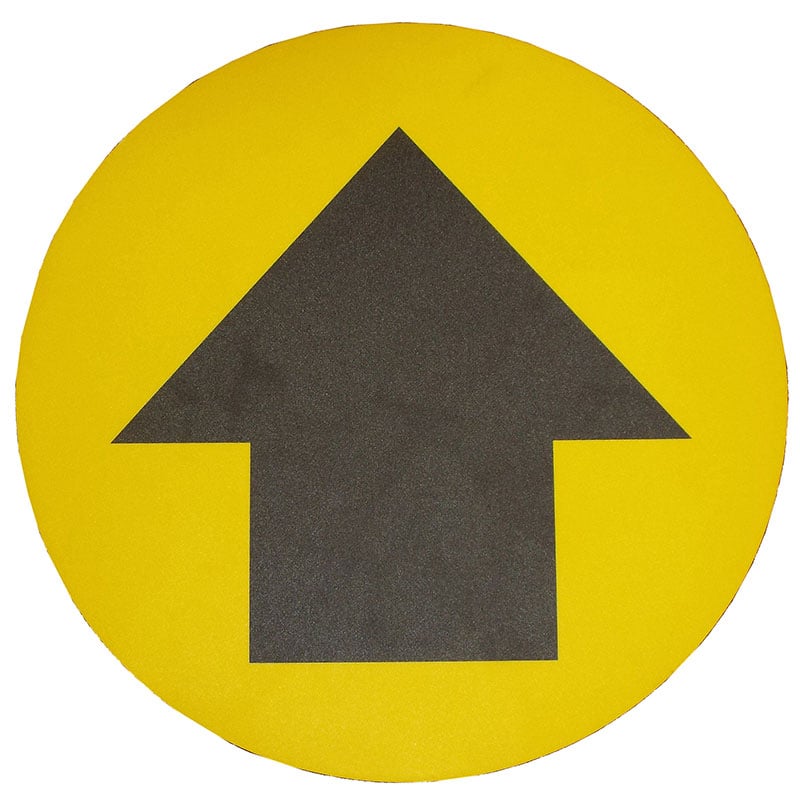 Arrow Graphic Floor Marker - black arrow on yellow background, 430mm diameter