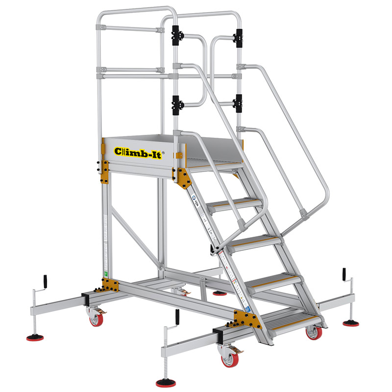 Climb-It 5-Tread Extra Large Platform Aluminium Safety Steps with Adjustable Stabilisers - 1500mm platform height