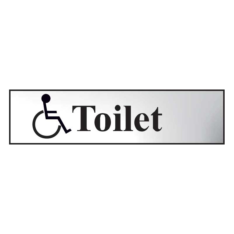 Disabled Toilet Sign with Wheelchair Logo - Polished Chrome Effect Laminate with Self-Adhesive Backing - 200 x 50mm