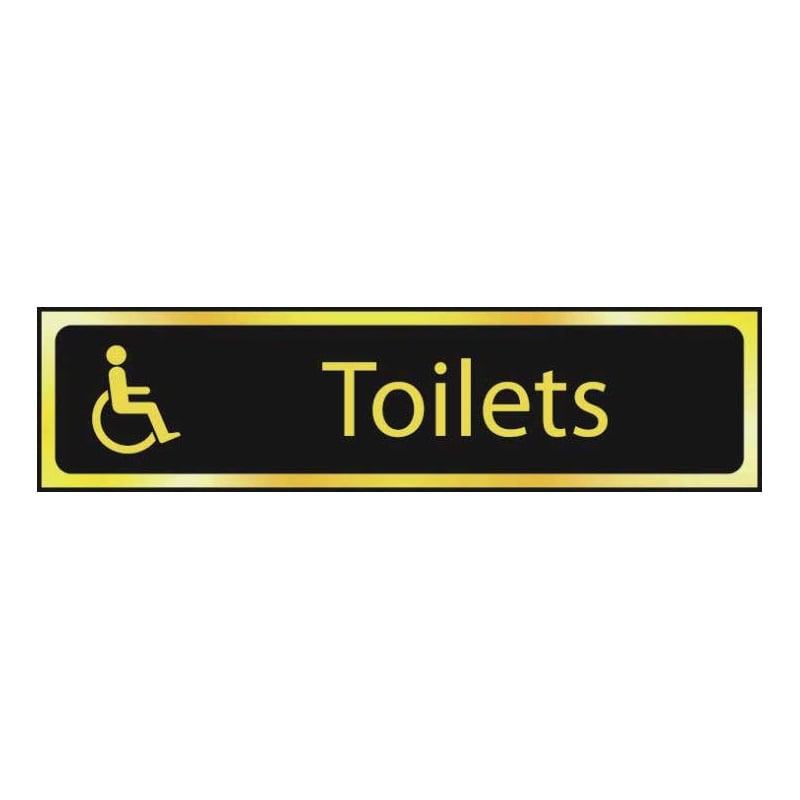 Toilets with Disabled Wheelchair Graphic Sign - Polished Gold & Black Effect Laminate with Self-Adhesive Backing - 200 x 50mm