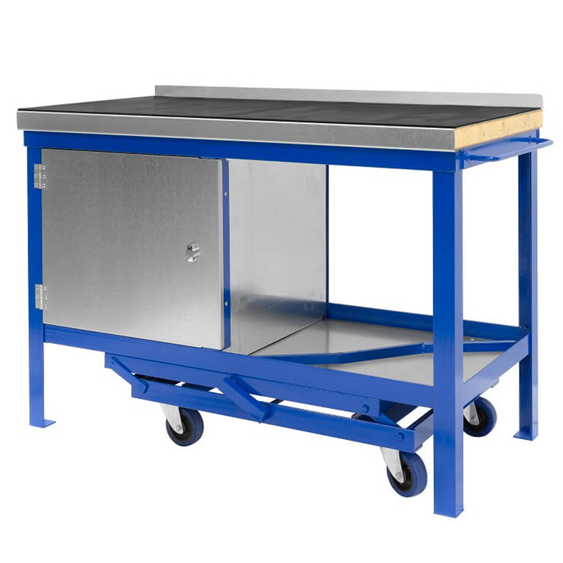 Mobile Workbench with Steel, Rubber-Topped Work Surface, Cupboard & Bottom Shelf - 840 x 1200 x 600mm