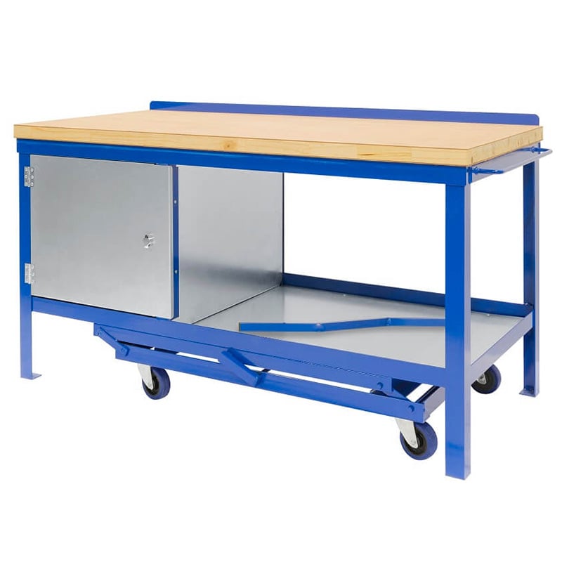 Mobile Workbench with Wooden Work Surface, Cupboard & Bottom Shelf - 840 x 1200 x 750mm