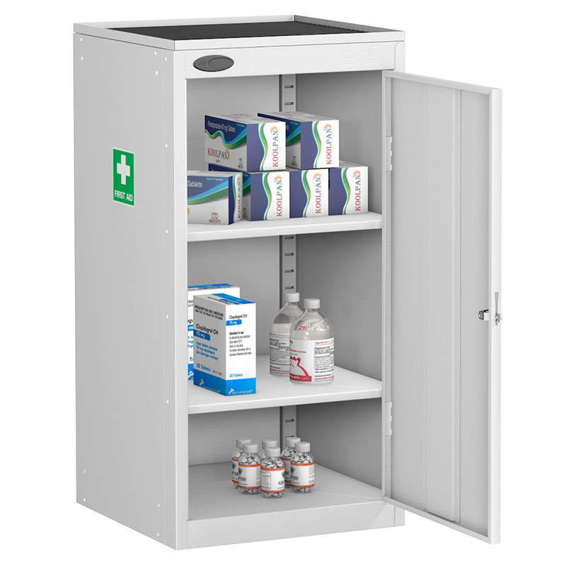 Probe Small Medical First Aid Cabinet with 2 Shelves, Dished Top & Rubber Mat - 890 x 460 x 460mm