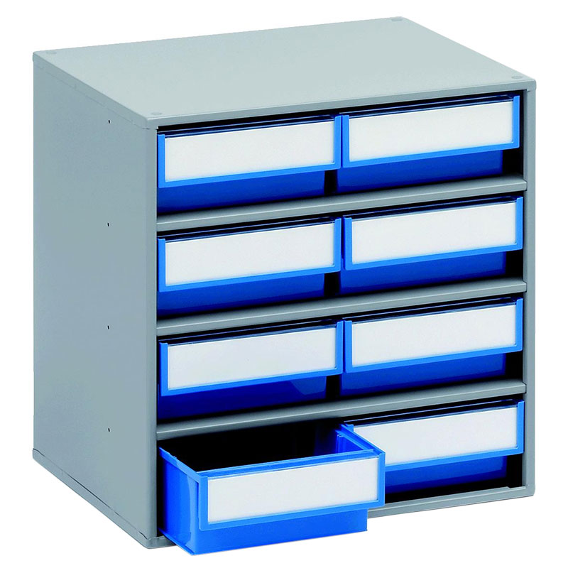 Small Parts Bin Cabinet - 395 x 400 x 300mm with 8 Blue Bins - 82 x 186 x 300mm