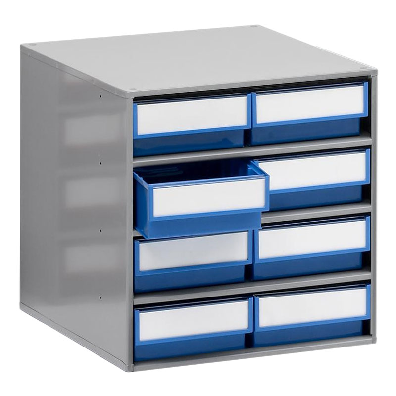 Small Parts Bin Cabinet - 395 x 400 x 400mm with 8 Blue Bins - 82 x 186 x 400mm