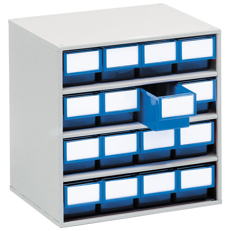 Small Parts Colour Cabinet -390 x 400 x 300mm with 16 Blue Bins - 82 x 92 x 300mm