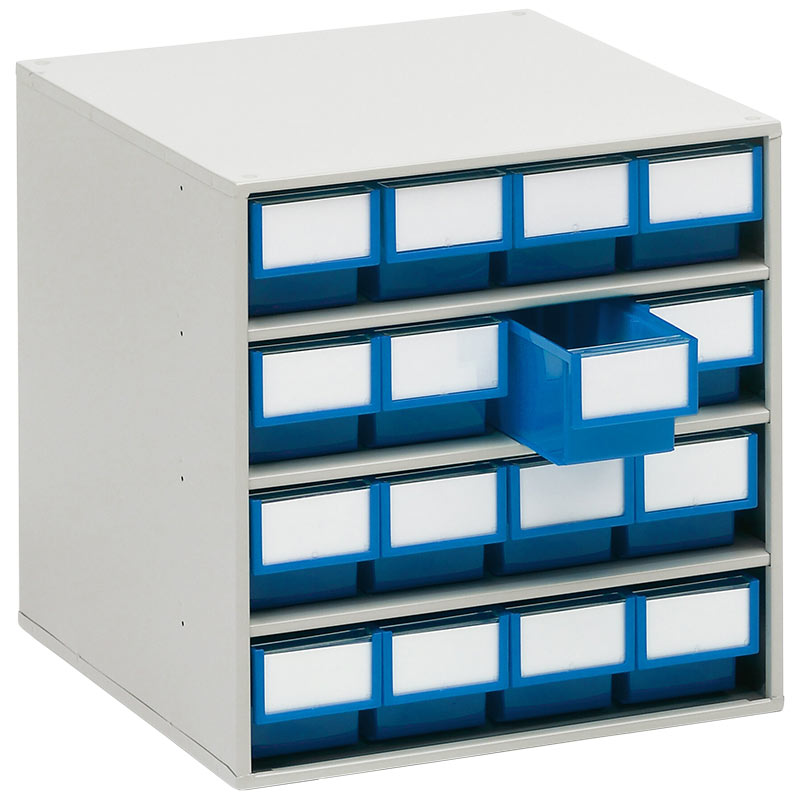 Small Parts Bin Cabinet - 395 x 400 x 400mm with 16 Blue Bins - 82 x 92 x 100mm