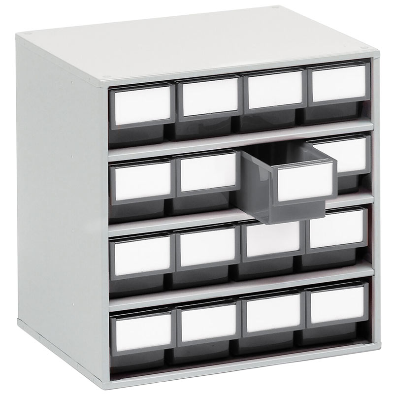 Small Parts Bin Cabinet - 395 x 400 x 300mm with 16 Grey Bins - 82 x 92 x 300mm