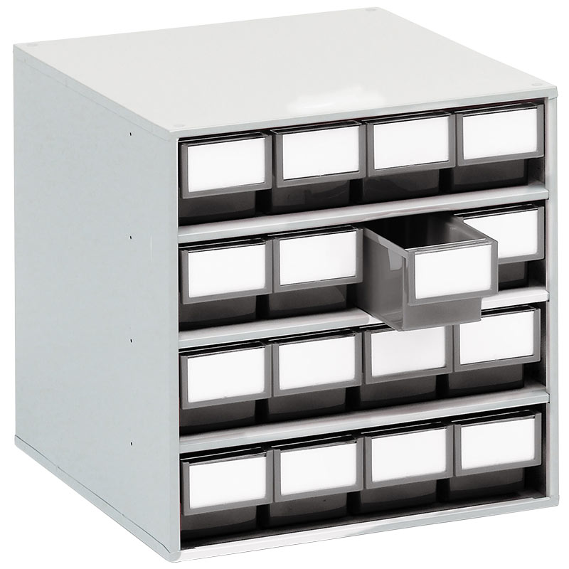 Small Parts Bin Cabinet - 395 x 400 x 400mm with 16 Grey Bins - 82 x 92 x 400mm