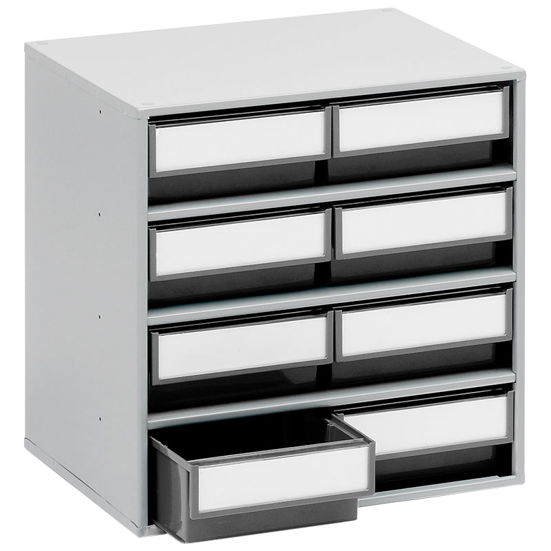 Small Parts Bin Cabinet 395 x 400 x 300mm with 8 Grey Bins - 82 x 186 x 300mm