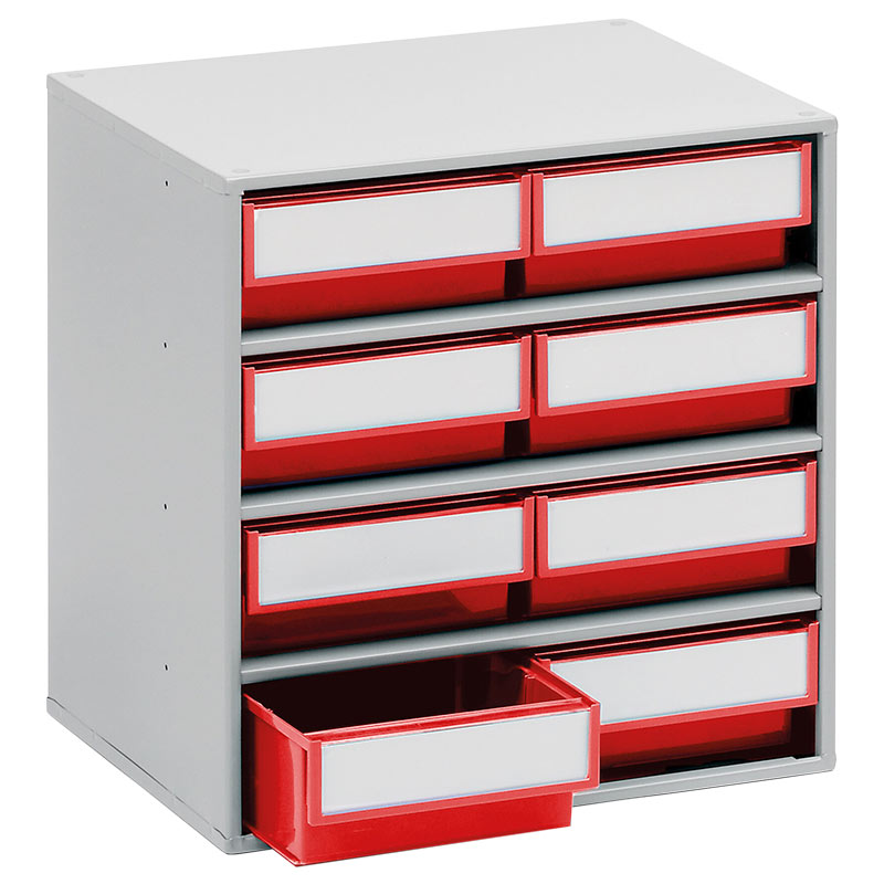 Small Parts Bin Cabinet - 395 x 400 x 300mm with 8 Red Bins - 82 x 186 x 300mm
