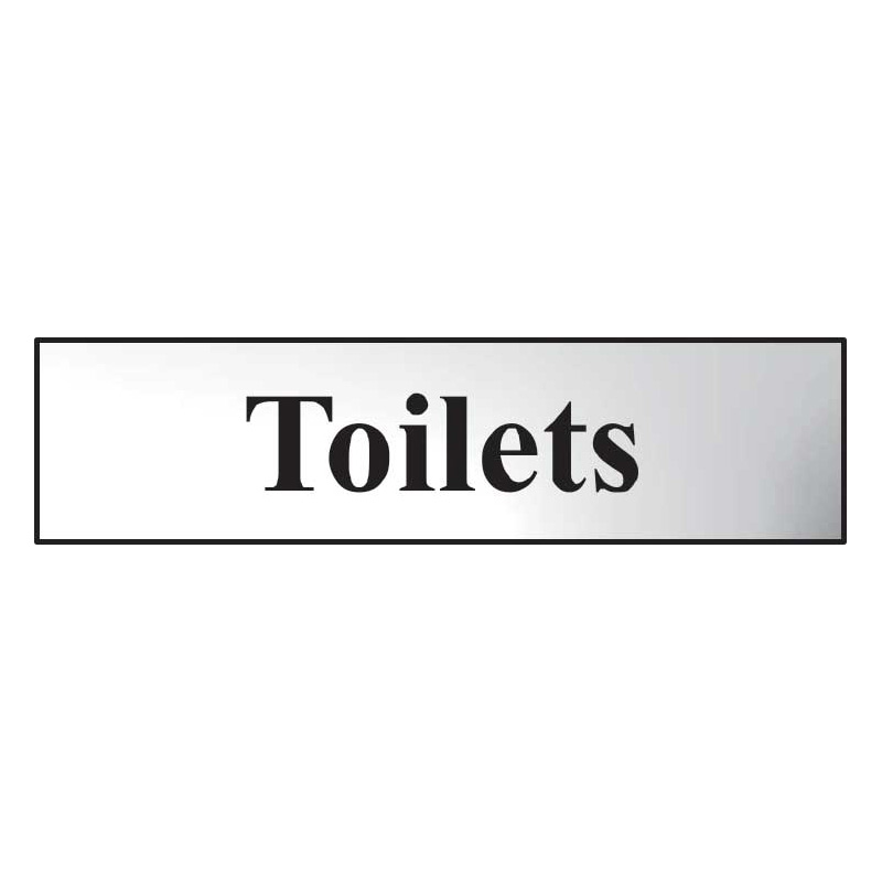 Toilets Sign - Polished Chrome Effect Laminate with Self-Adhesive Backing - 200 x 50mm