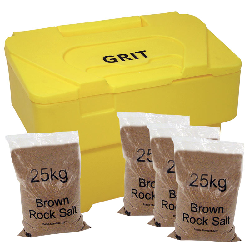 Yellow 115L Grit Bin with 4 x 25kg Brown Salt