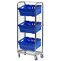 2-sided merchandise display roll container with 3 shelves and tote boxes