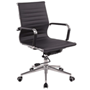 Black leather executive office chair with chrome base and castors