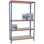 Boltless steel shelving with melamine-faced shelves