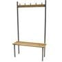 Benchura Classic single-sided changing room bench with silver frame and upper wooden coat hook rail