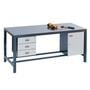 Heavy-duty fully welded workbench with steel worktop, shown with drawers and cupboard, sold separately