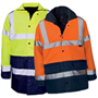 High visibility parka jackets in yellow or orange with blue