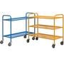 Blue 2-tier and yellow 3-tier light-duty shelf trolleys