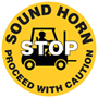 Stop Sound Horn Stop Proceed With Caution - Yellow Graphic Floor Sticker - 430mm diameter