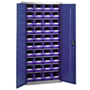 Steel small parts storage cupboard with 40 blue plastic storage bins