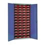 Steel small parts storage cabinet with 52 red plastic storage bins