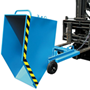 Blue forklift tipping skip with integral wheels