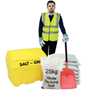 Winter snow and ice clearing starter kit with grit bin, salt, snow shovel, hi-vis vest and safety gloves