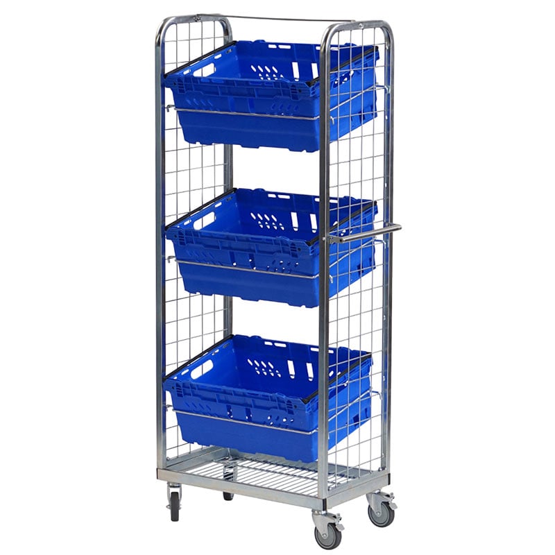 2-sided merchandise display roll container with 3 shelves and tote boxes