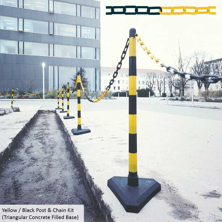 Yellow / Black Post & Chain Kit with Triangular Concrete Filled Base