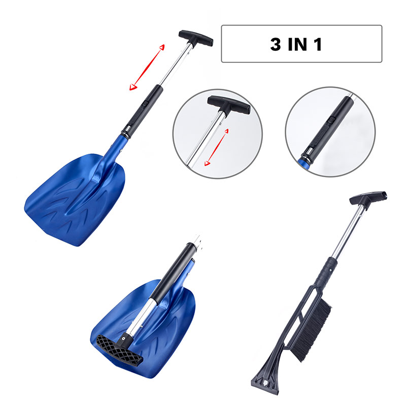 3-in-1 folding metal snow shovel with brush attachment