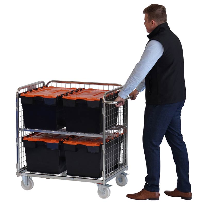 3-sided merchandise picking trolley with shelf and tote boxes